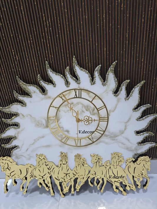 Sunburst Resin Wall Clock with 7 Golden Horses – V.Decor Signature Piece